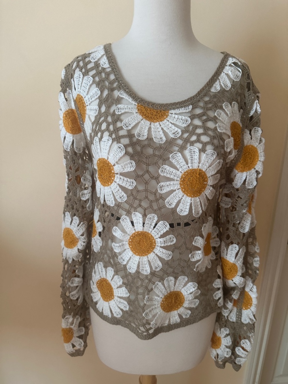 Crochet Daisy Pullover Sweater - Taupe with White & Mustard